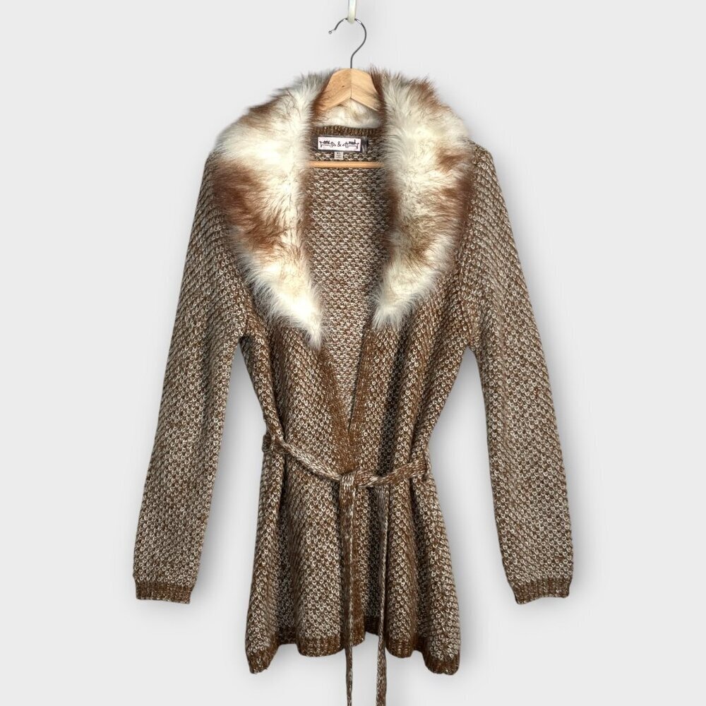 Oona & Maud Belted Cardigan XL Removable Faux Fur Trim Brown *SEE NOTES*